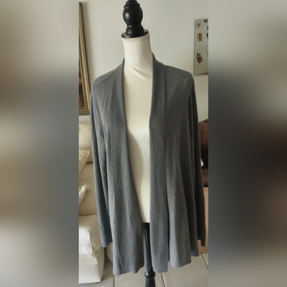 Eileen Fisher Gray Open Cardigan Lightweight Wool Organic Cotton Tencel XL